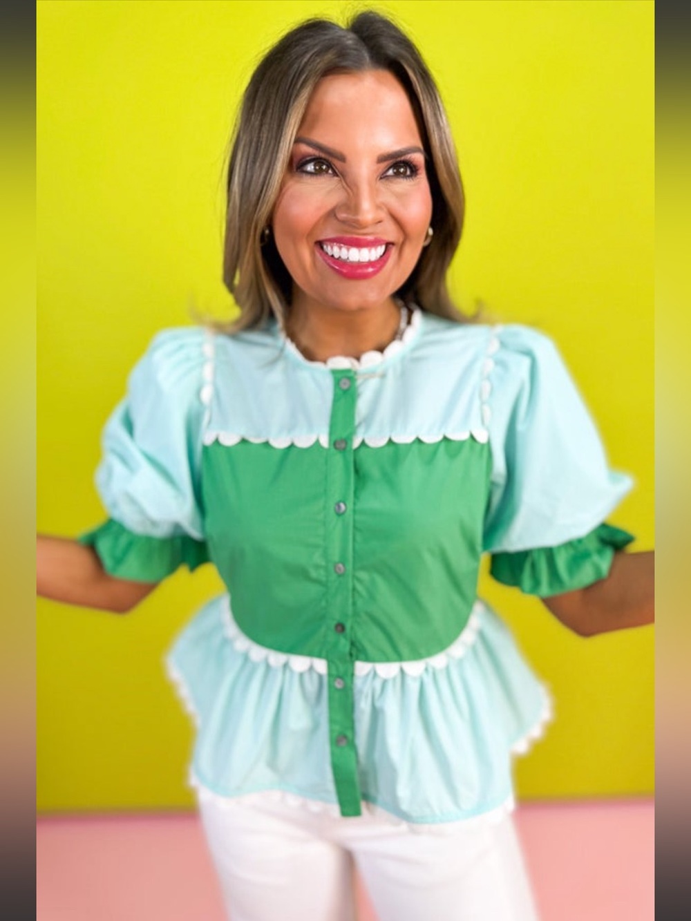 entro Mint and Emerald Ruffle-Trim Blouse